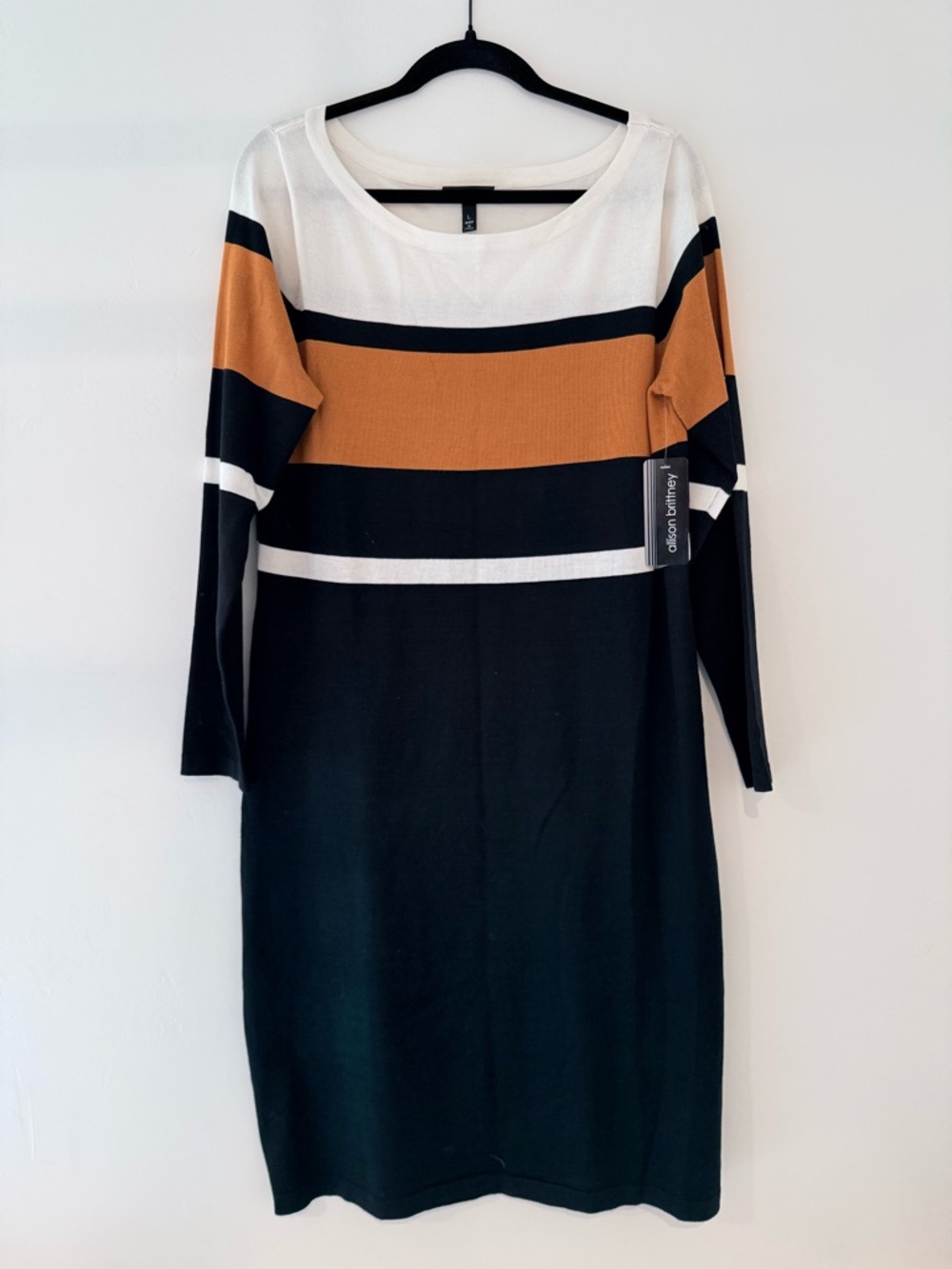 Allison Brittney Black, White, Rust Striped Long Sleeve Sweater Knit Dress NWT L